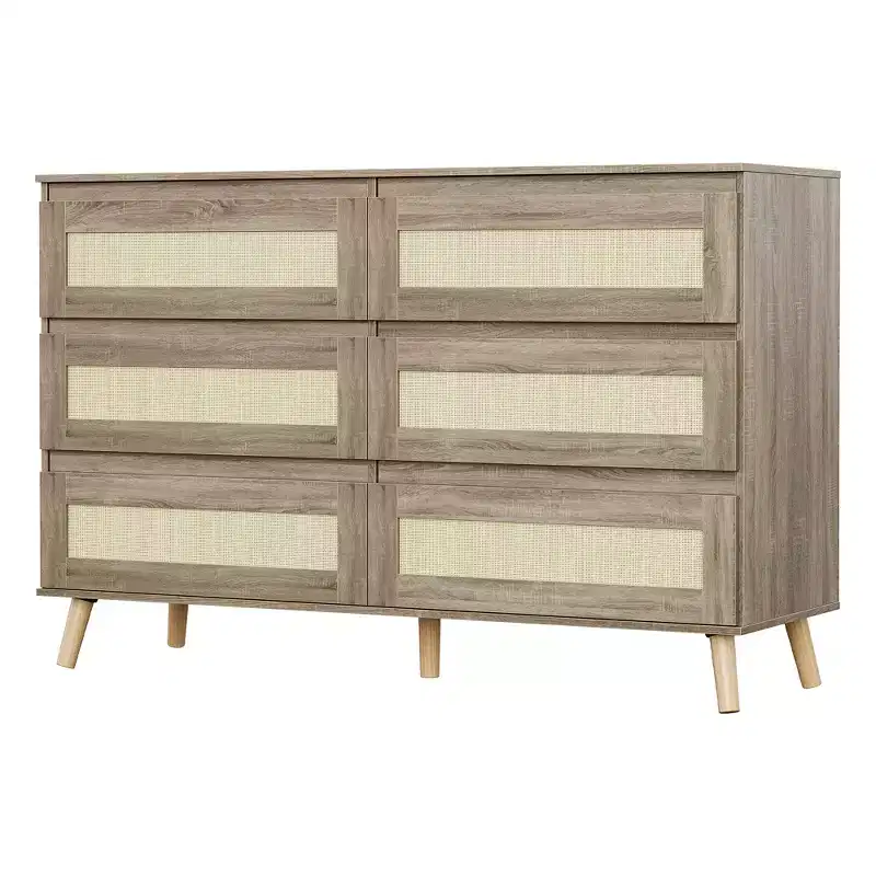 Bedroom Six-Drawer Chest, Modern Wide-Body Drawer Cabinet, Wooden Wardrobe Chest with Rattan-Woven Drawers, Suitable for 55-inch TV, Living Room