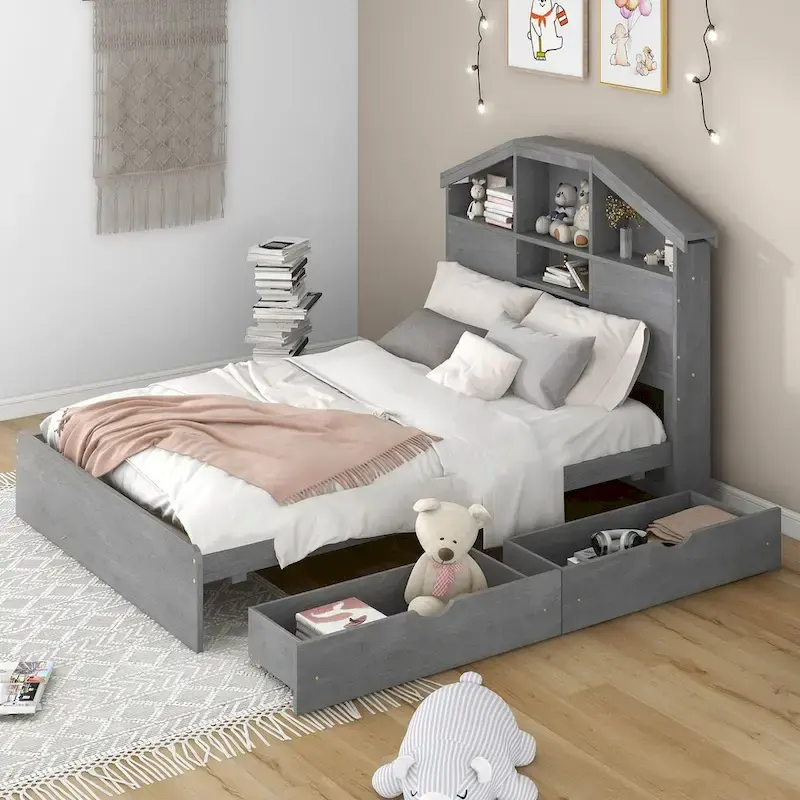 Walnut / Grey Pine Wood Twin Platform Bed with House-Shape Headboard, 5 Shelves and 2 Drawers for 1 Person