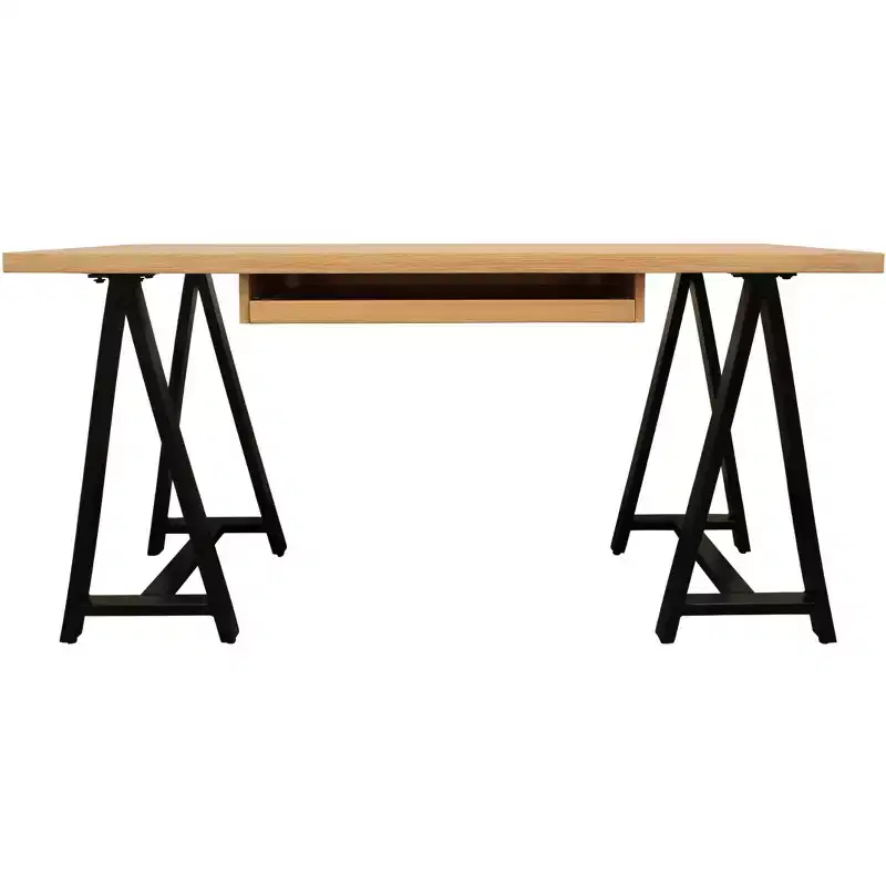 60 Natural and Black Solid Wood and Metal Trestle Executive Desk