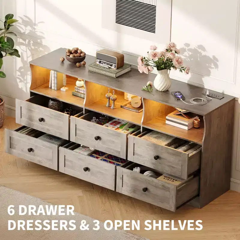 63 6-Drawer Wooden Dresser TV Stand with Power Outlet & Open Shelves, Modern Entertainment Center for Living Room & Bedroom, Chest of Drawers