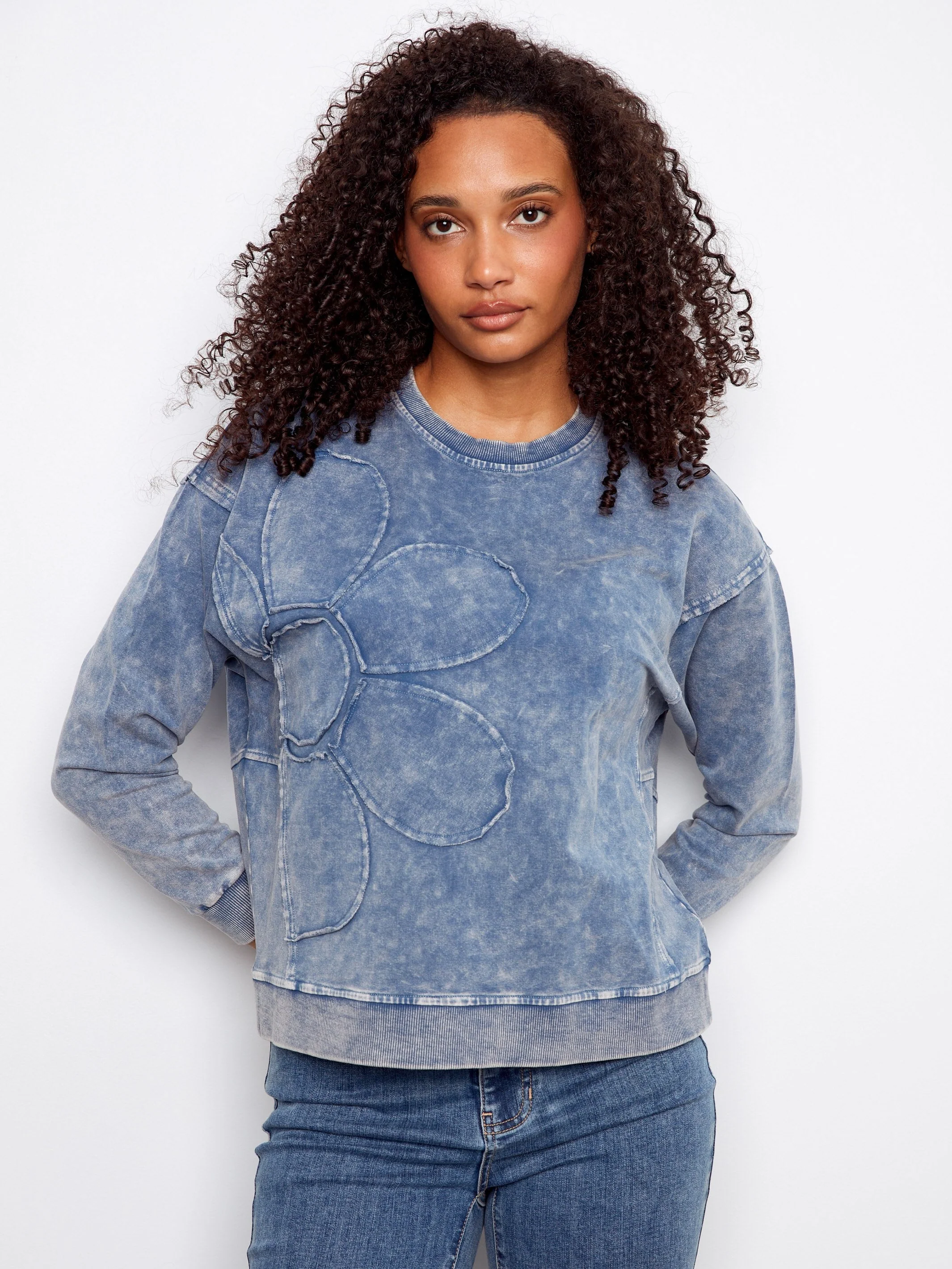 Long Sleeve Top With Flower Appliqué - Denim