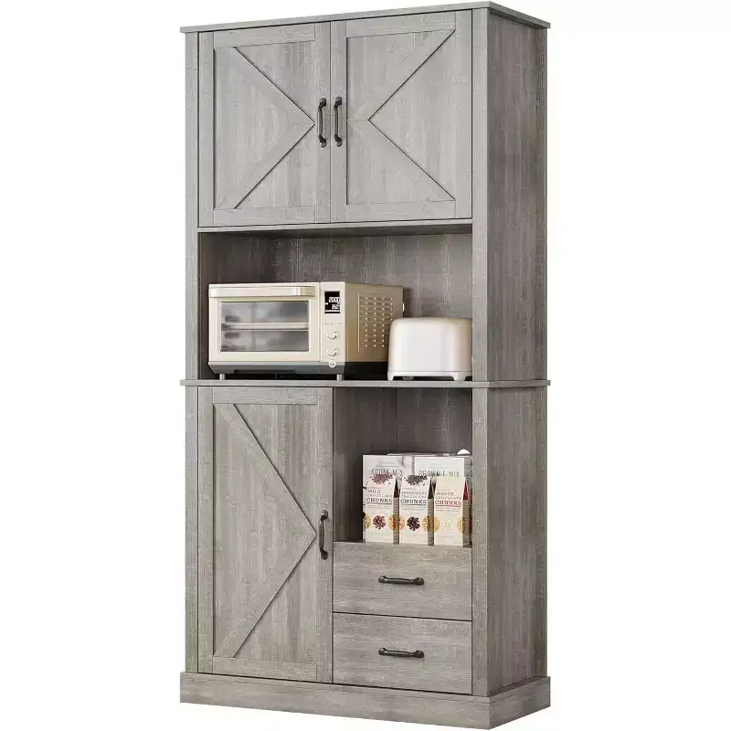 Tall Bar Cabinet, Adjustable Shelves & Drawers, TackView Modern Kitchen Pantry Hutch with Microwave Stand, Large Wood Storage for Dining/Living Room