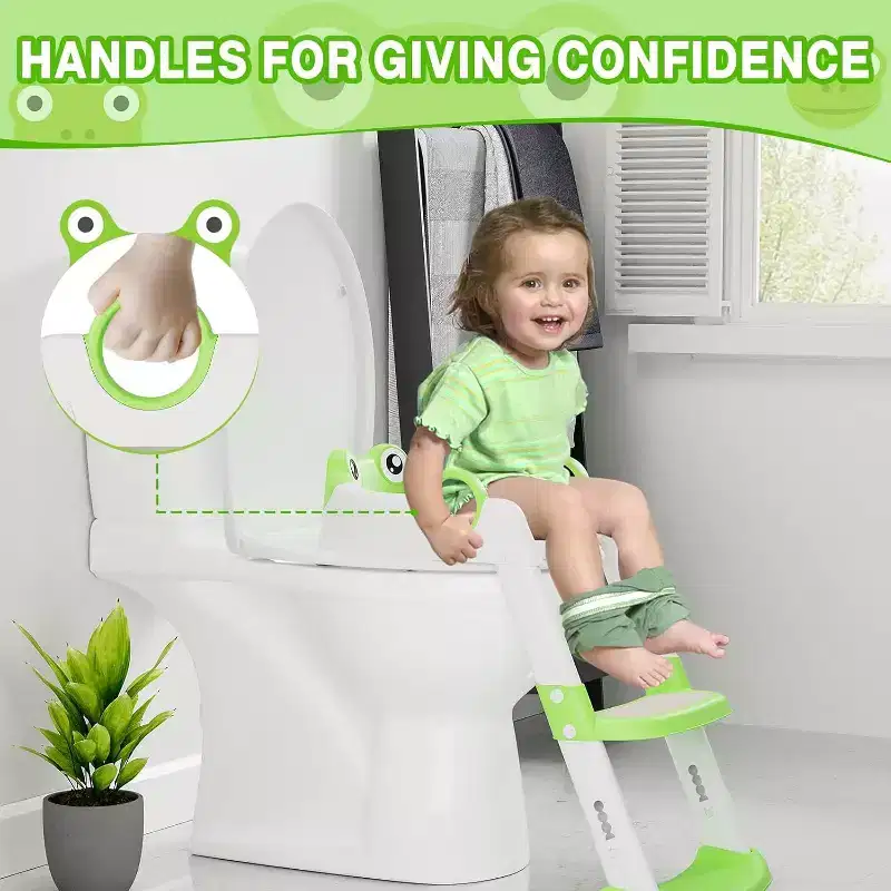 Potty Training Seat with Step Stool Ladder Toddler Kids Potty Seat with Handles Toilet Training Seat with Anti-Slip Safe Pads Adjustable Height Legs