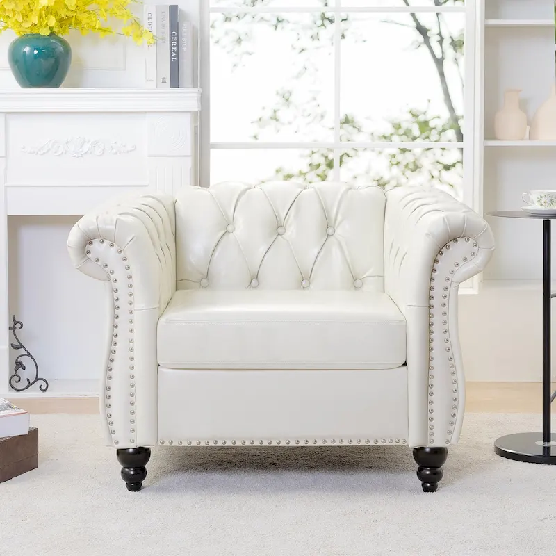 Classically Elegant 84.65 Three-Seater Rolled Arm Chesterfield Sofa in PU Leather - Sturdy Birch Legs, Soft Upholstery