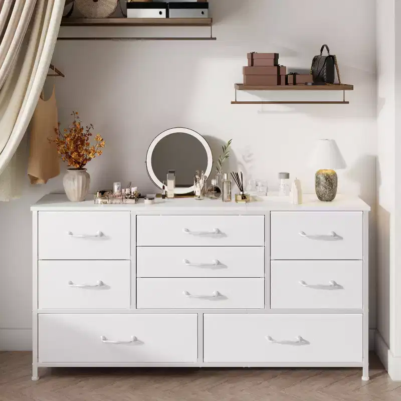 Modern White 9 Drawer Dresser Storage Chest of Drawers Wood Top Fabric Organizer Cabinet Large Bedroom Entryway 45 Inch TV Stand Console