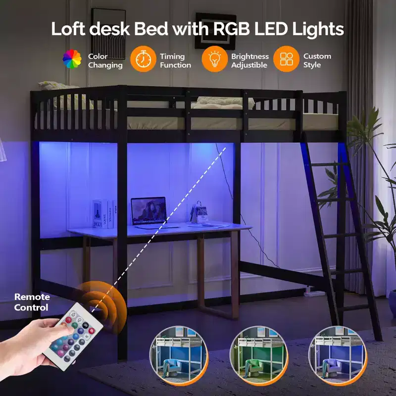 Solid Wood Loft Bed Twin/Full Size with USB Charging Station/LED with Flat Rungs, Wood Slat Support No Box Spring Needed
