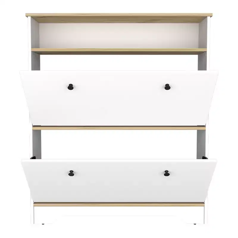 Shoe Rack 46 H, One Open Storage Shelf, Two Internal Storage Drawers, Two Doors, Light Oak / White