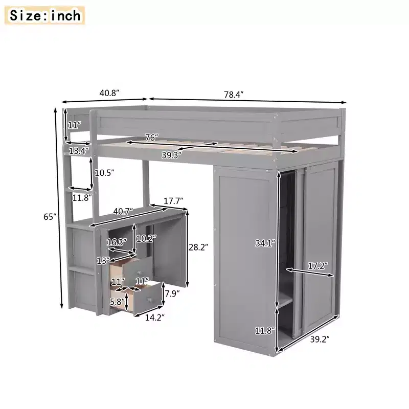 Wood Twin Size Loft Bed with Wardrobes and Desk, High Loft Bed Frame with 2 Storage Drawers and Cabinet for Kids Teens Adults