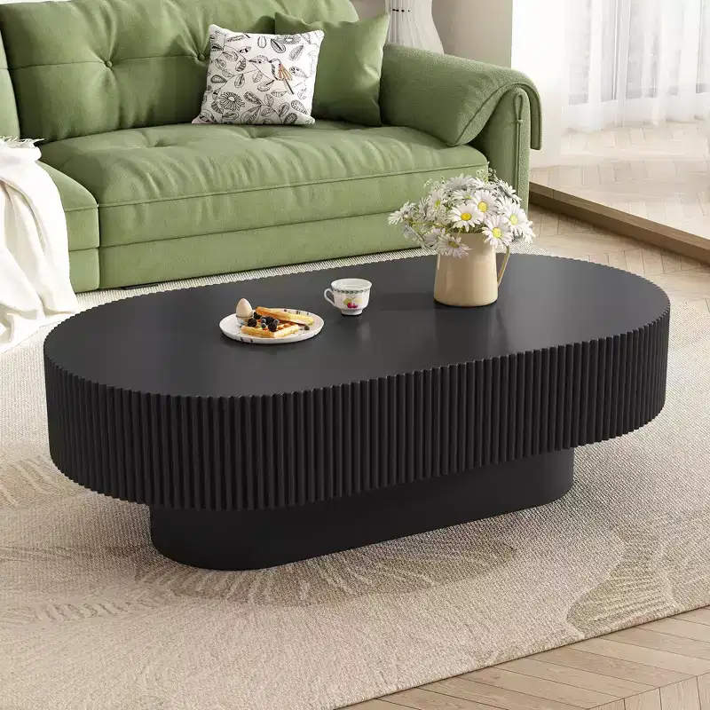 Wood Fluted Coffee Table, Modern Drum End Table, Oval Center Table with Sturdy Base for Living Room