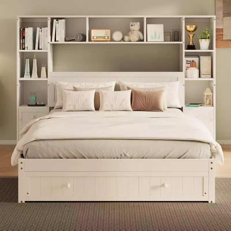 GDFStudio Rose Full Size Pine Wood Platform Bed with Nightstands and Bookcase Cabinet