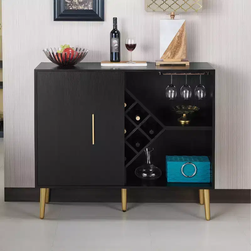 HOMES: Inside + Out Miko Wine Cabinet Galaxy Black: Modern Bar Storage, Glassware Rack, 9-Bottle Capacity