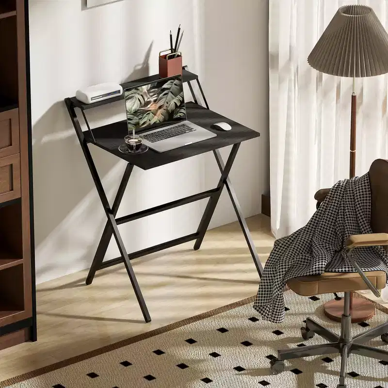 HOMCOM Small Folding Desk, Foldable Computer Desk with Monitor Shelf, Writing Table for Small Spaces, Home Office, Study, Easy Assembly