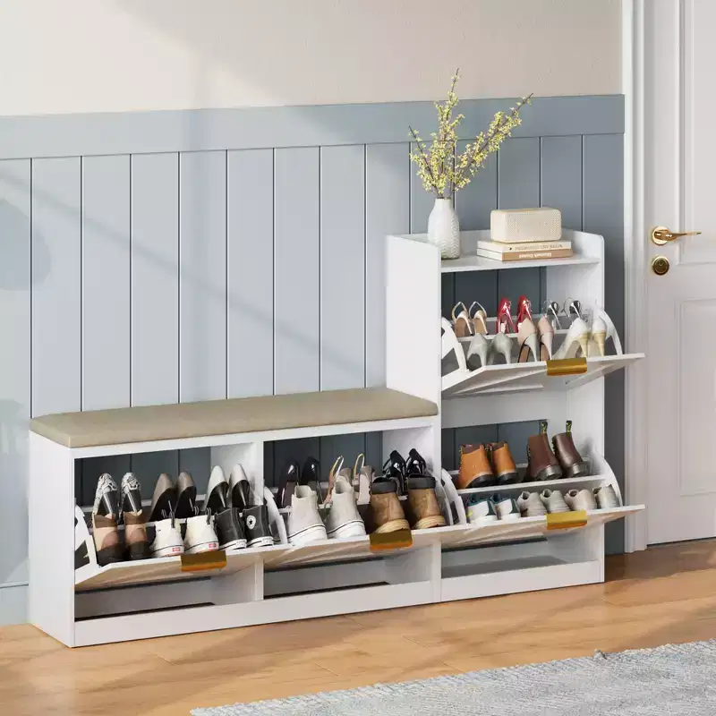 Farmhouse Shoe Organizer Cabinet, Shoe Cabinet with Bench, 4 Flip Drawers, Wooden Storage Bench, for Entryway, Living Room, Hallway