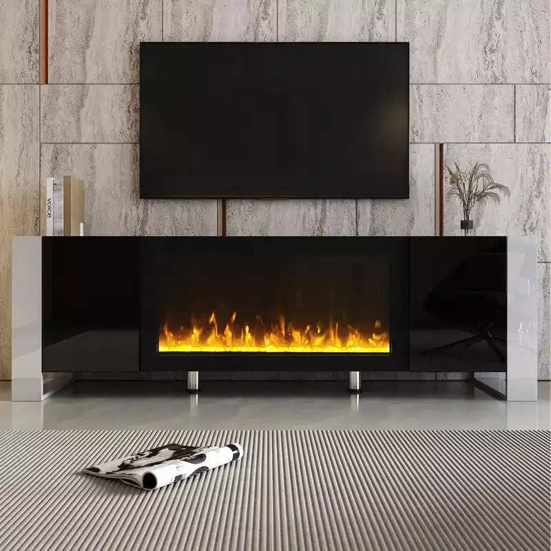 Modern TV Stand Fits TVs up to 78 in. with Non-heating Electric Fireplace Appearance and 2 Cabinets