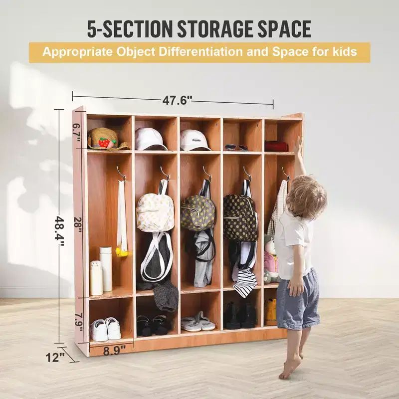 5-Section School Storage Locker Cabinet,Classroom Cubbies for Storage, Toddler Size Wood Lockers for Kindergarten, Home, School