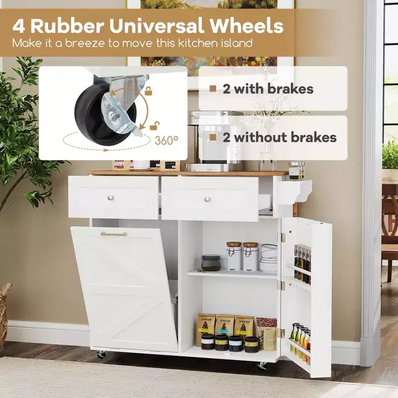 Costway Rolling Kitchen Island Kitchen Island Cart with Drop Leaf Trash Can Cabinet Black/White