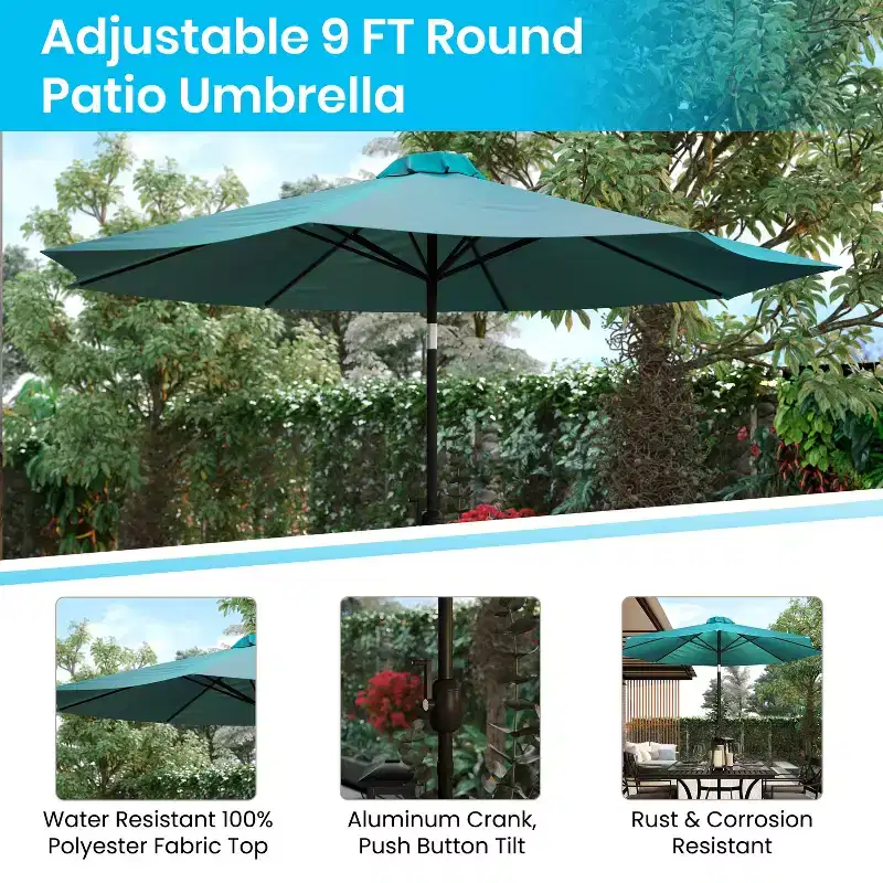 Emma and Oliver 7 Piece Patio Table Set - 4 Synthetic Faux Teak Stackable Chairs - Faux Teak Table - Umbrella with Base
