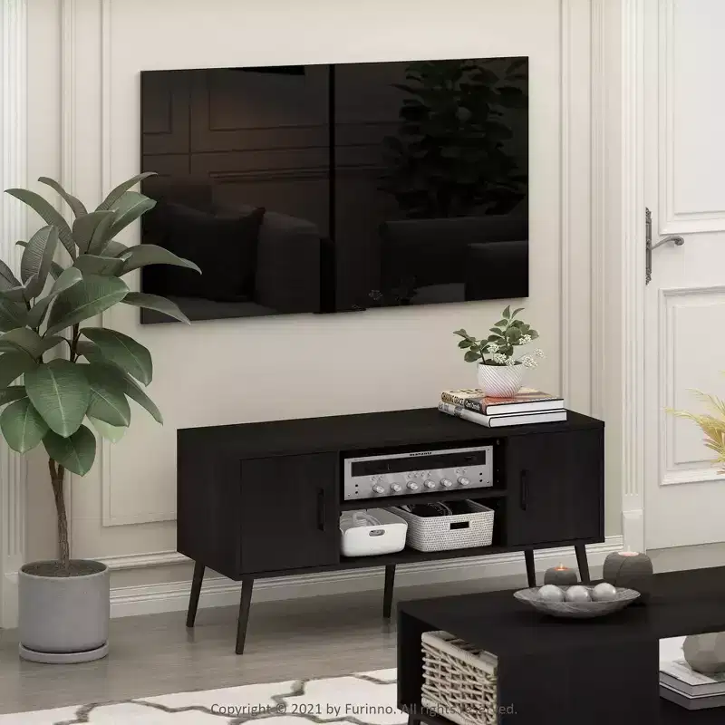 Mid-Century TV Stand Entertainment Media Console w/2 Cabinets&Open Storage Shelves for TVs up to 50,Espresso