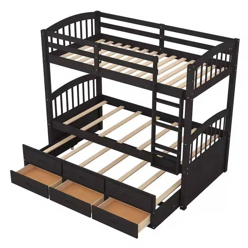 Wood Twin over Twin Bunk Bed with Ladder, Trundle & Drawers