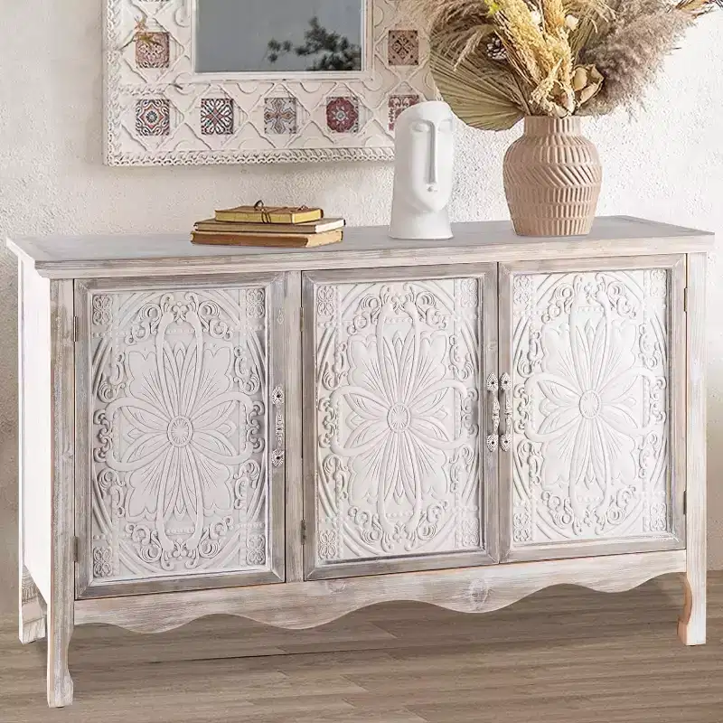 Accent Cabinet Rustic Storage Cabinet with 3 Carved Doors, Vintage Sideboard Buffet Cabinet with Shelves