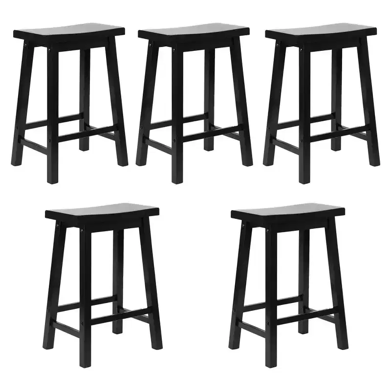 Classic Saddle-Seat 24'' Tall Kitchen Counter Stool for Homes, Dining Spaces, and Bars with Backless Seat, 4 Square Legs, Black (5 Pack)