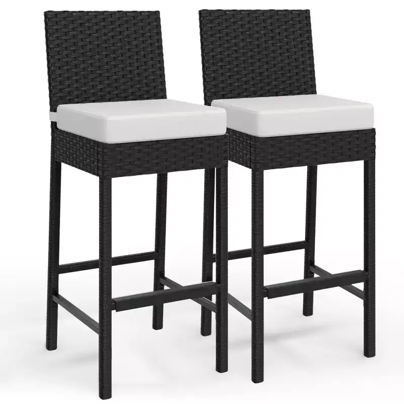 Set of 2 Outdoor Wicker Bar Stools  Armless Rattan Bar-Height Chairs with Cushions for Patio, Poolside or Backyard