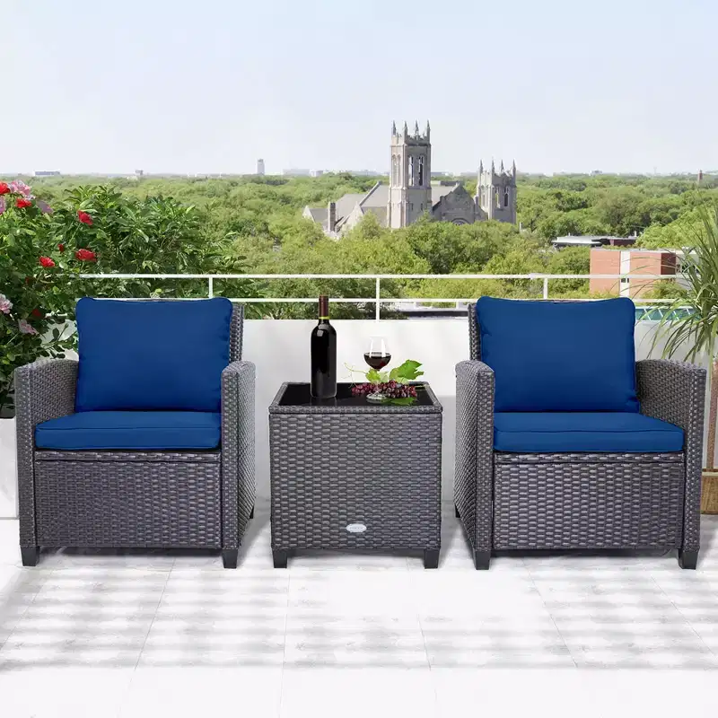 Costway 3PCS Patio Wicker Furniture Set with Beige & Navy Cushion Covers Balcony