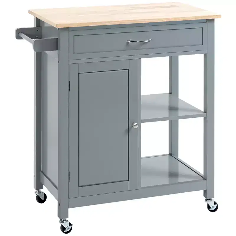 Rolling Kitchen Cart with Rubberwood Top — Storage Drawer, 2 Shelves, 176 lb Capacity