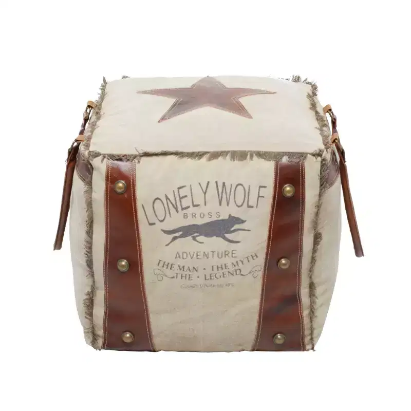 Rustic Leather and Canvas Foot Stool Ottoman - Olivia & May