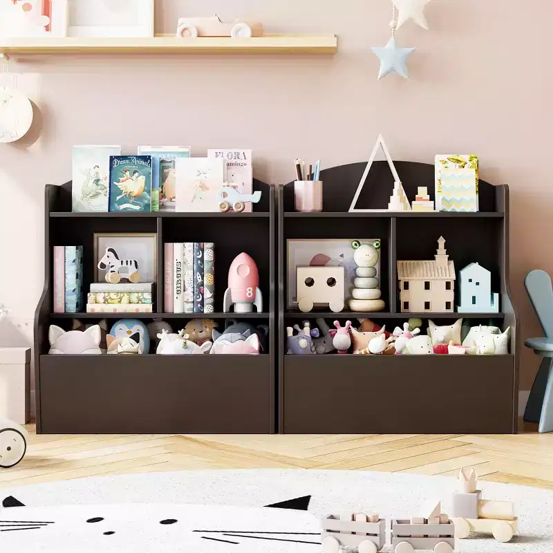 Bookcase and Toy Storage Cabinet, 3-Tier Shelf with Cubby Organizer for Toys, for Playroom, Bedroom and Hallway, Brown