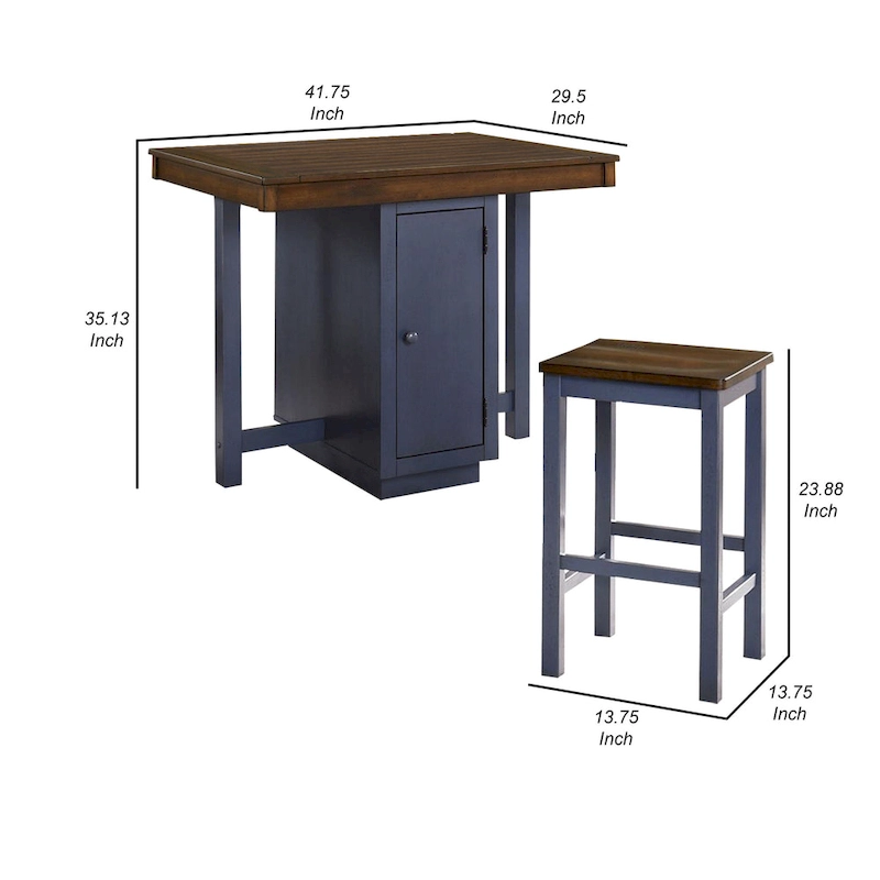 5 Piece Counter Height Dining Table Set, 4 Stools, Antique Oak, Blue Wood