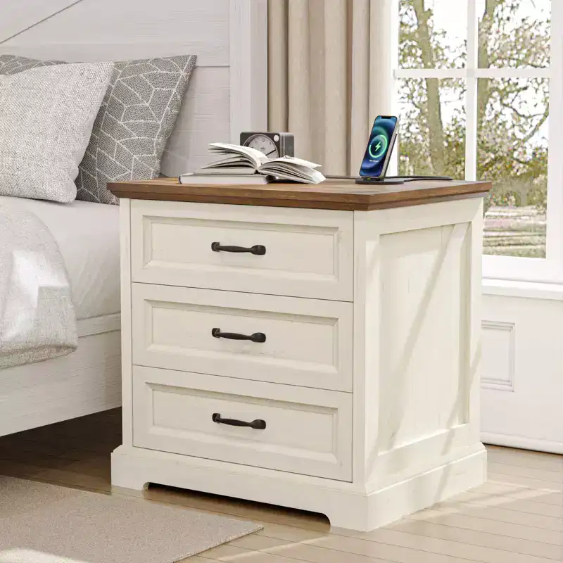Modern Rustic Bedside Table Nightstand 3 Drawers with Charging Station for Bedroom or Living Room