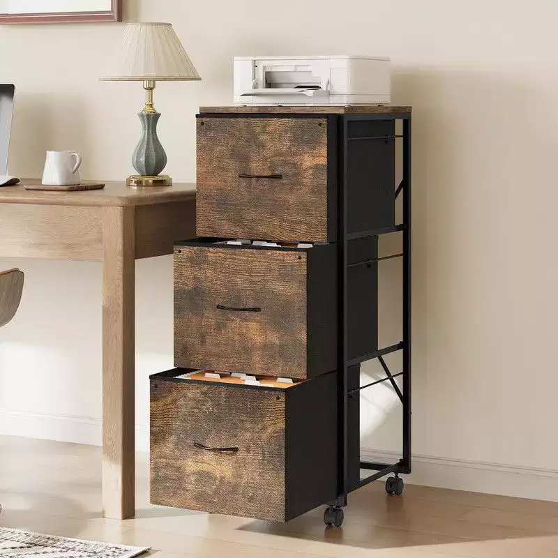 Espresso 3-Drawer File Cabinet with Metal Frame & Wheels – 1 Person