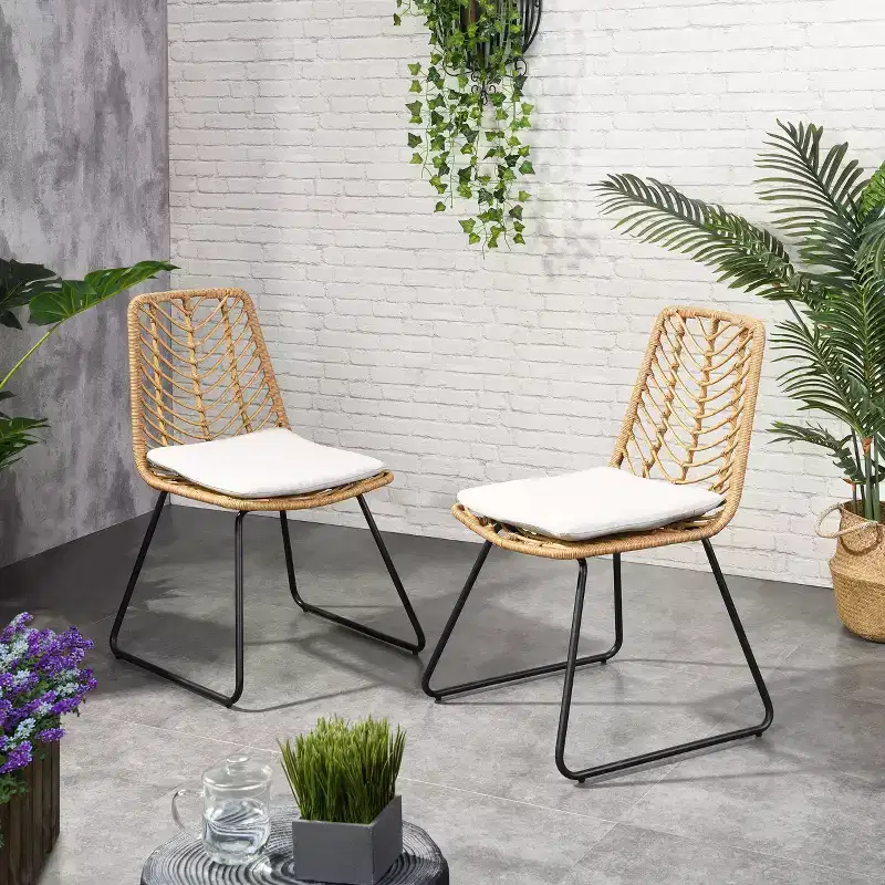 Okak 17.5 Boho Industrial Patio Accent Chairs Club Chairs with Cushion,Set of 2,Outdoor Wicker Rattan Dining Chairs,Patio Furniture Seating