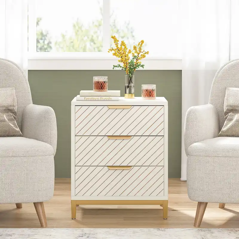 3-Drawer Nightstand with Gold Handles, Light Wood Grain, Particle Board and Metal Frame, 19.69W x 15.75D x 24.6H in