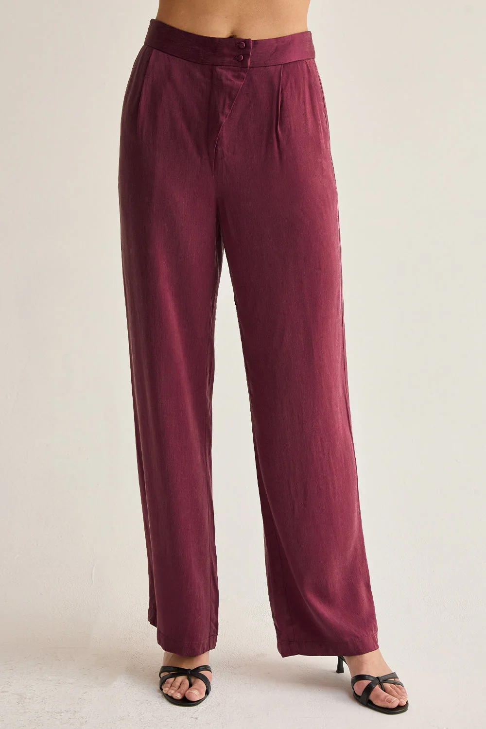 High Waist Straight Leg Cupro Trousers with Slash Pockets