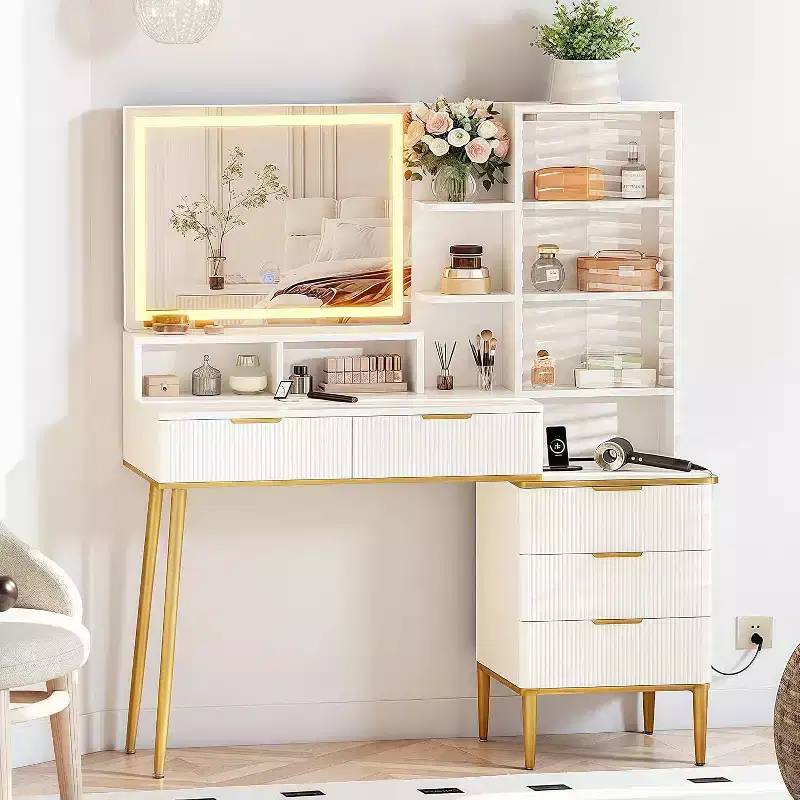 Fluted Vanity Desk with Mirror, 5 Drawers, Glass Shelves, Adjustable Lighting, Charging Ports, Bedroom Dressing Table, Wood Color, 45 Inch
