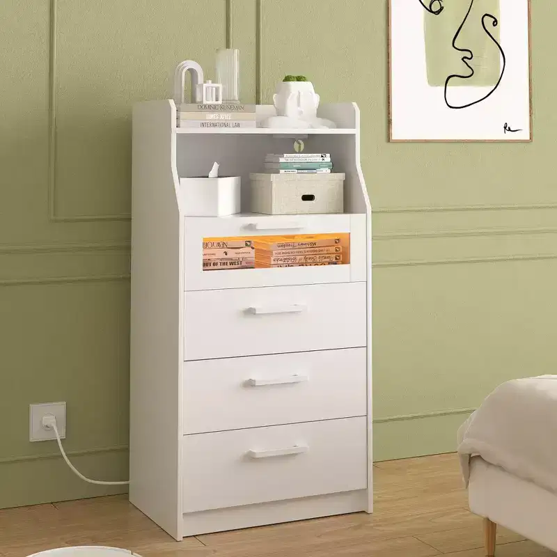 VECELO White Dresser Tall Modern Makeup Vanity Table with LED Lights & Charging Station