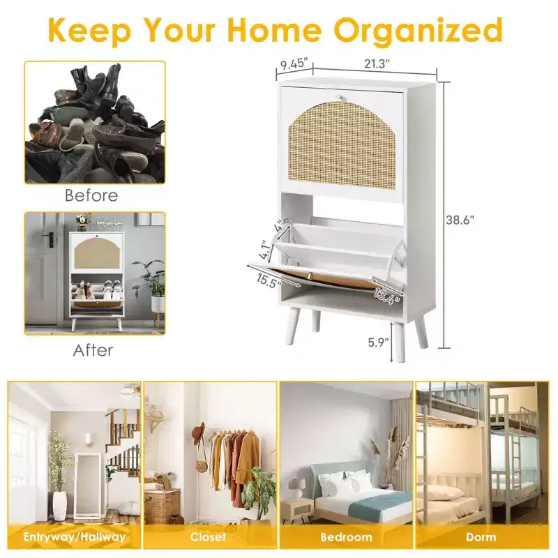 2 Flip Drawers White Particle Board 38.58in. W Shoe Cabinets