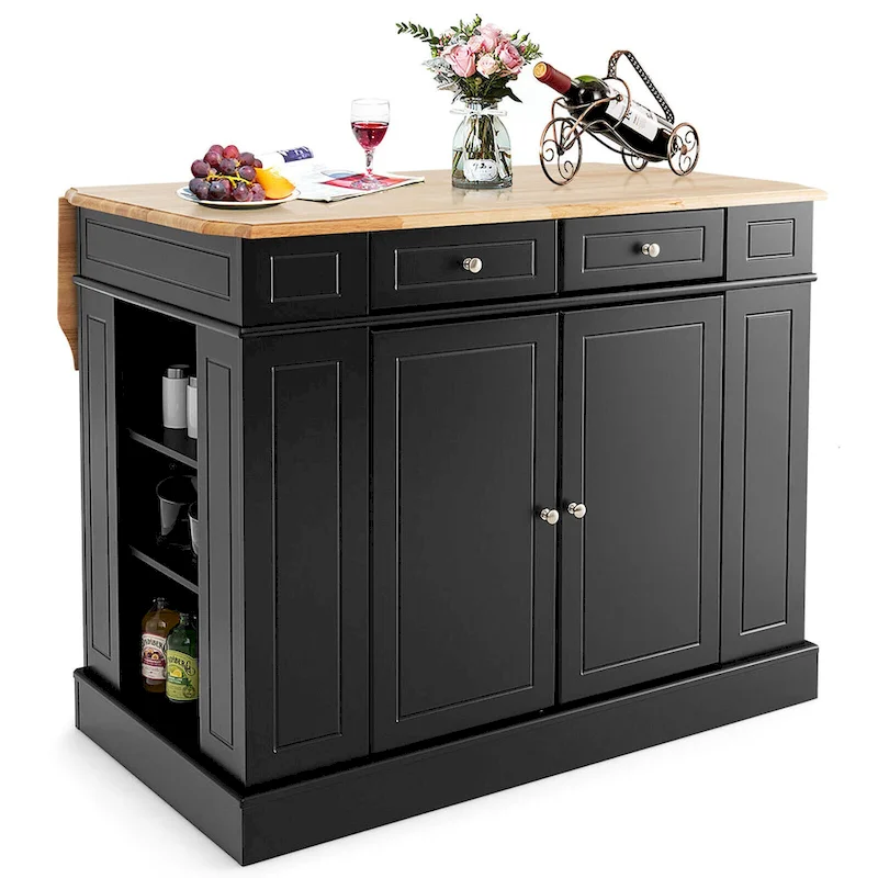 Gymax Large Kitchen Island Drop Leaf Breakfast Bar w/ Wood Top Shelves