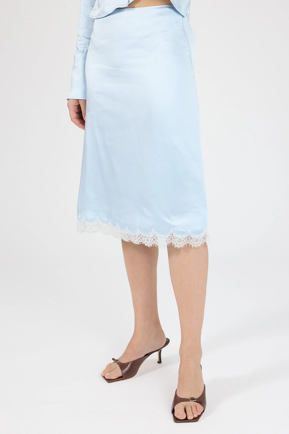 Satin Lace Midi Skirt Blue/White