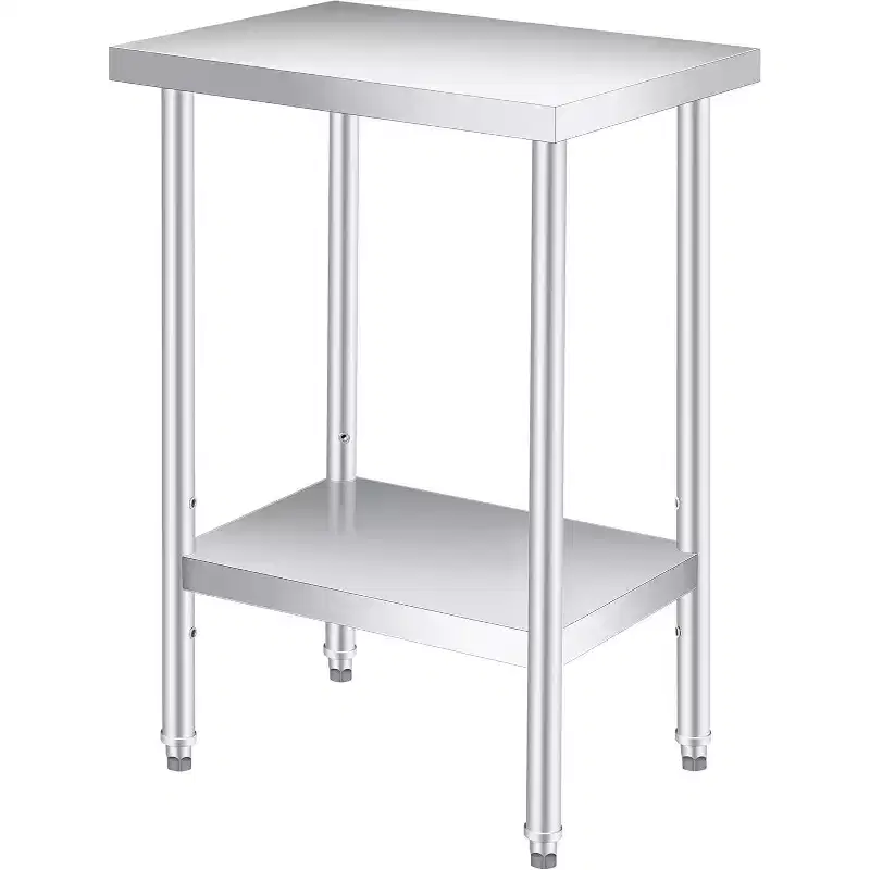Stainless Steel Work Table (with Lockable Wheels), 2-Tier Metal Utility Prep Table with Adjustable Undershelf for Restaurant Kitchen