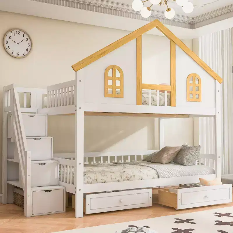 Twin Size House-Themed Bunk Bed with Window, Door, Storage Drawers & Staircase