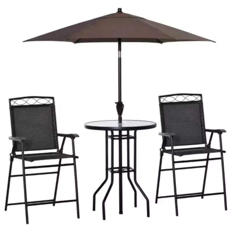 4-Piece Outdoor Patio Dining Set with Wave-Textured Tempered Glass Table, 2 Folding Chairs & Adjustable Angle Umbrella for Patio Garden - Black