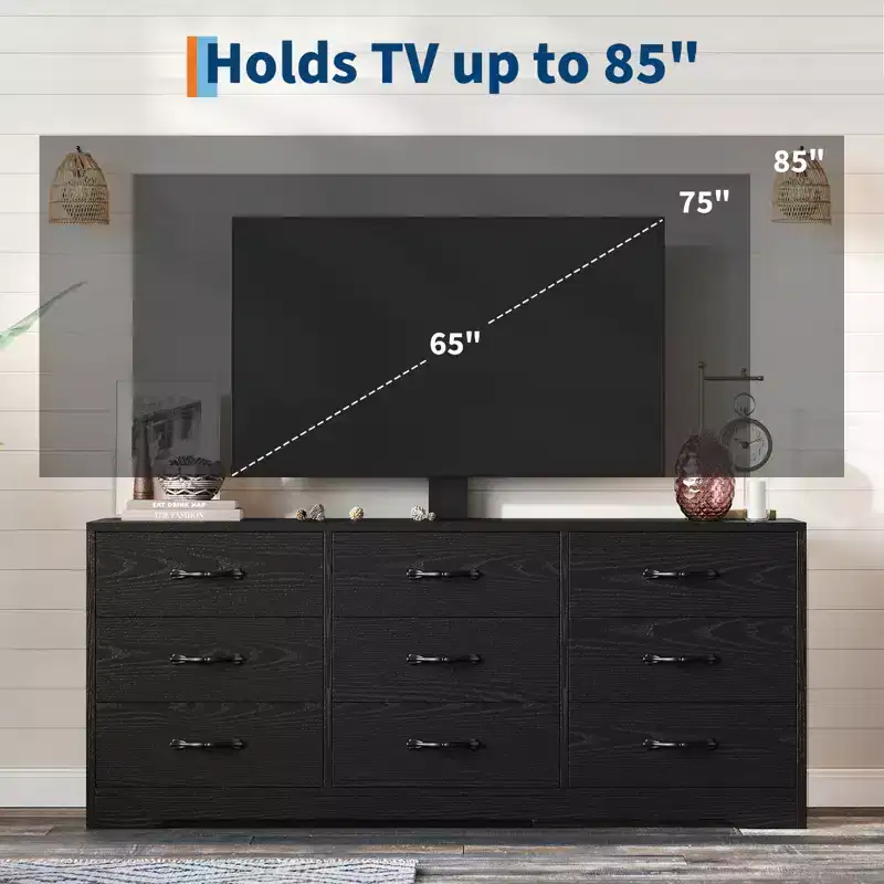 Wood 9 Drawers TV Stand with Mount,Television Stand for 32-85 inch TVs, Large Entertainment Center Media Console