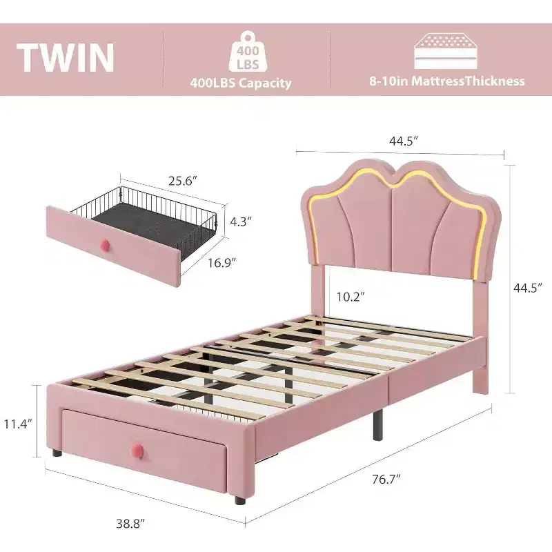 Upholstered LED Bed Frame with Cute Headboard and Storage for Kids, Girls