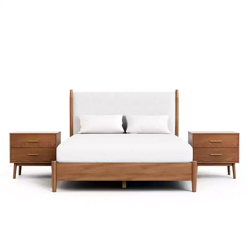 HOMES: Inside + Out 3pc Riverstone Mid-Century Modern Boucle Bedroom Set with 2 Nightstands Walnut