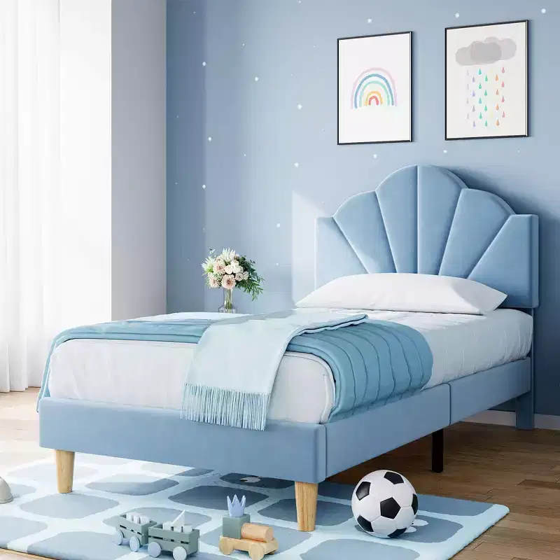 Twin Bed Frame, Velvet Upholstered Platform Bed Frame with Height Adjustable Headboard for Boys & Girls, Wood Slat Support, No Box Spring Needed