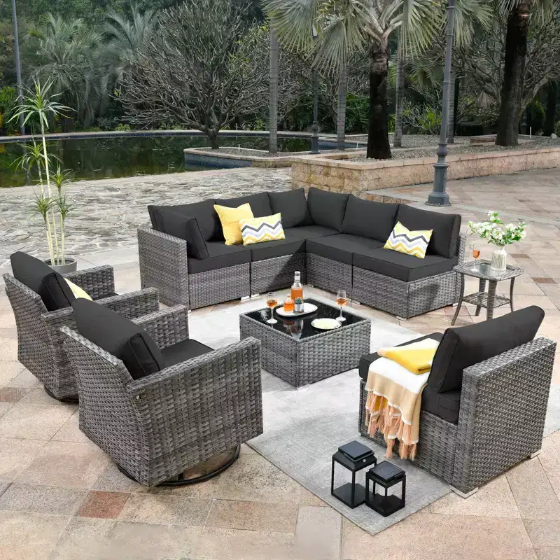 Ovios Venice 10pc Wicker Outdoor Patio Furniture Set Conversation Sofa Sectional with a Swivel Chair and Cushions