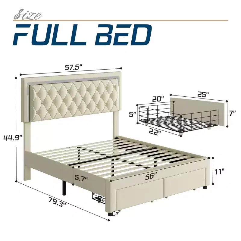 AMERLIFE Bed Frame with LED Lights&Storage Drawers, Velvet Upholstered Platform Bed